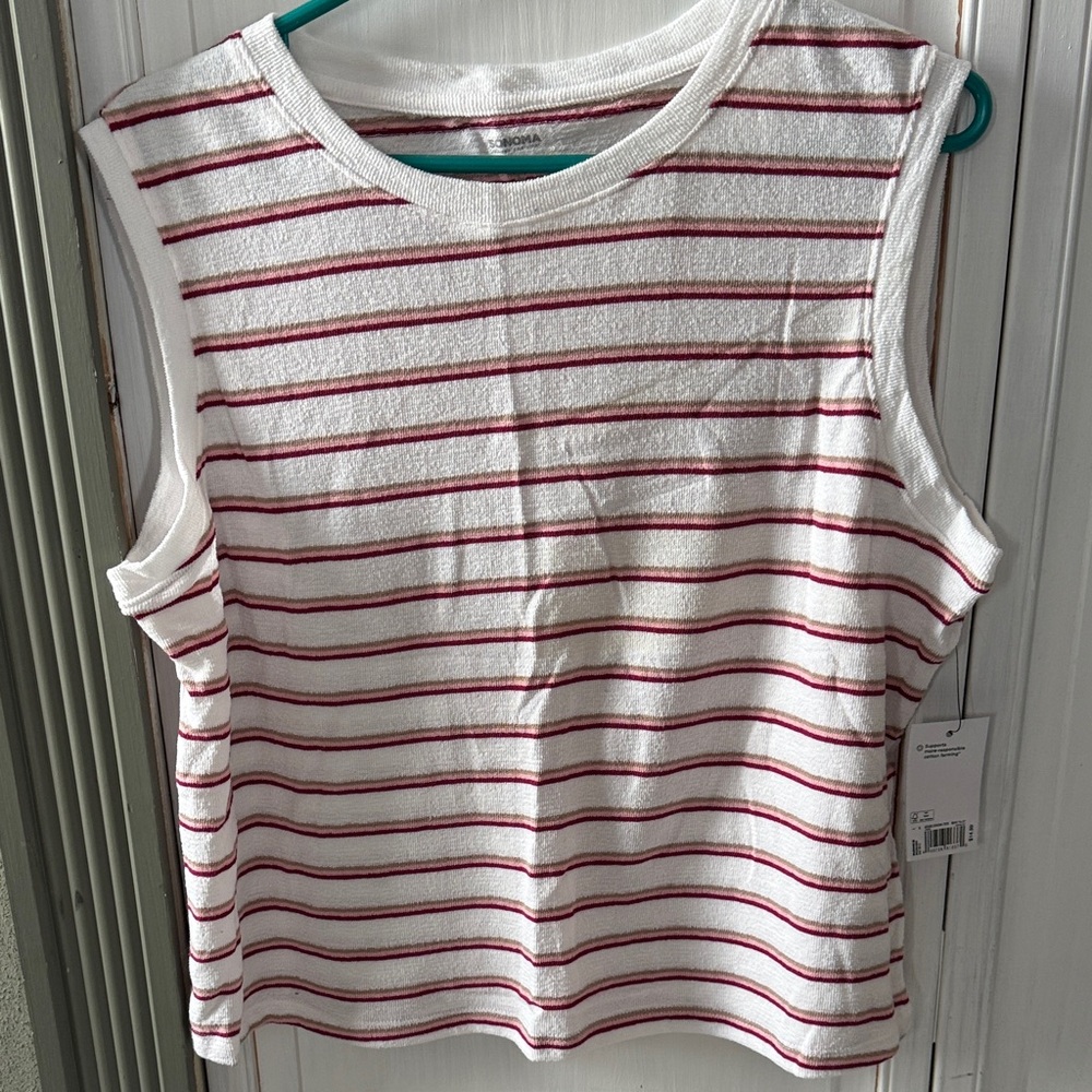 Sonoma White Tank with Pink and Tan Stripe Accents